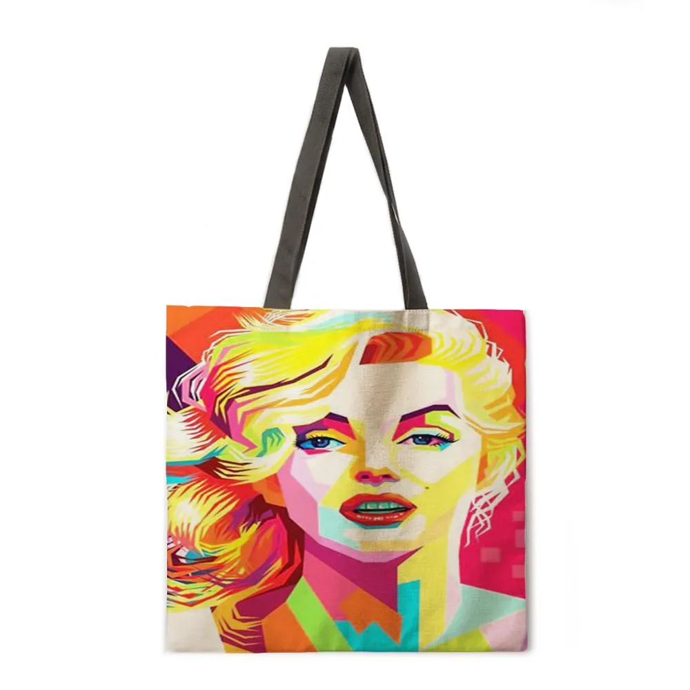 Oil painting Monroe linen shopping bag ladies shoulder bag foldable shopping bag beach tote bag