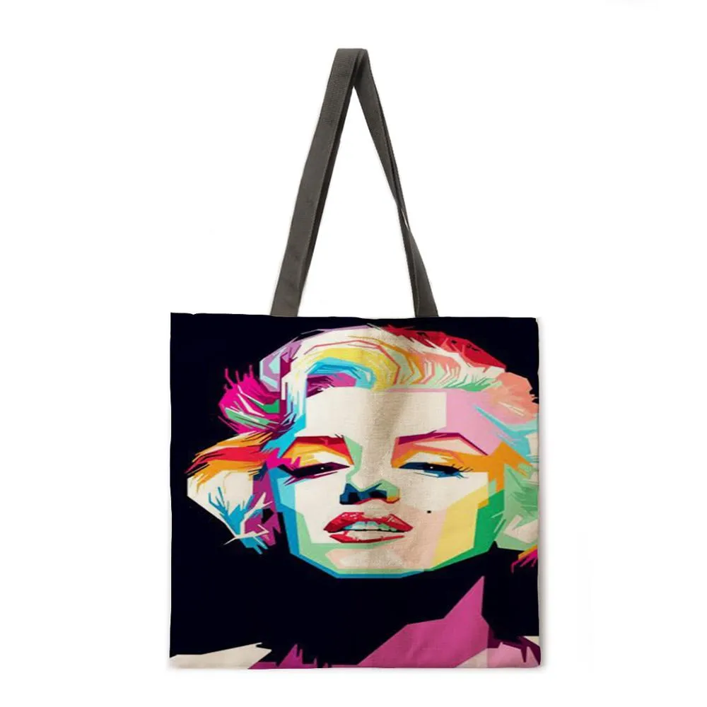 Oil painting Monroe linen shopping bag ladies shoulder bag foldable shopping bag beach tote bag