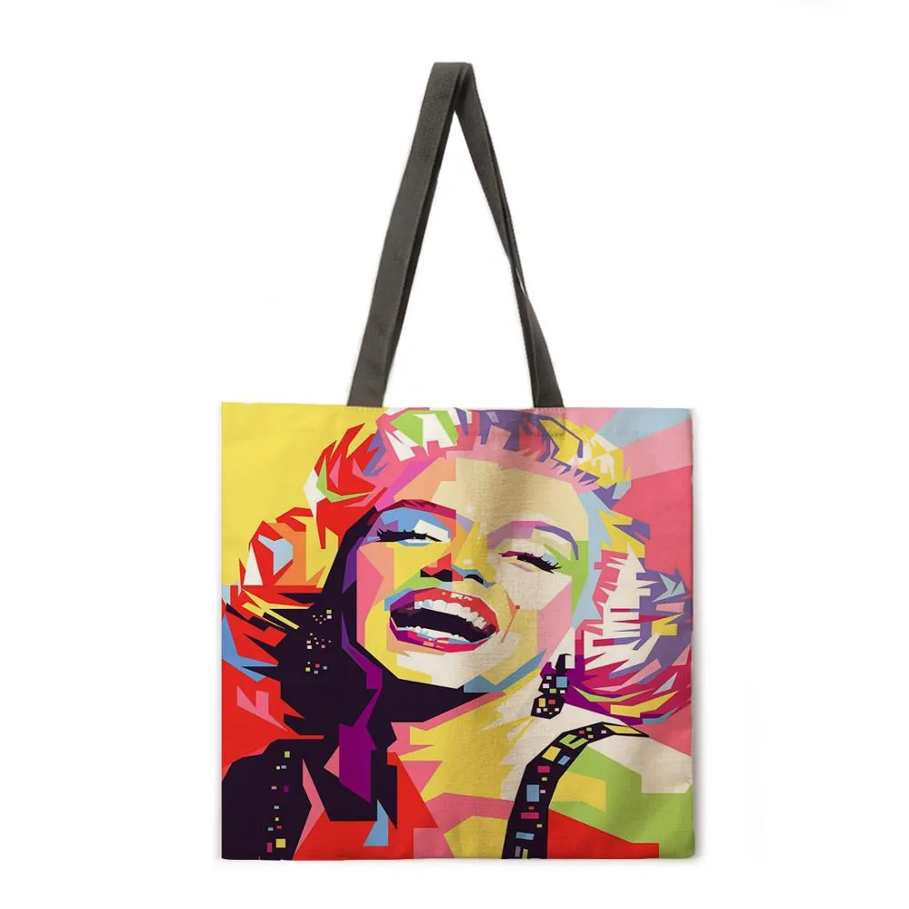 Oil painting Monroe linen shopping bag ladies shoulder bag foldable shopping bag beach tote bag