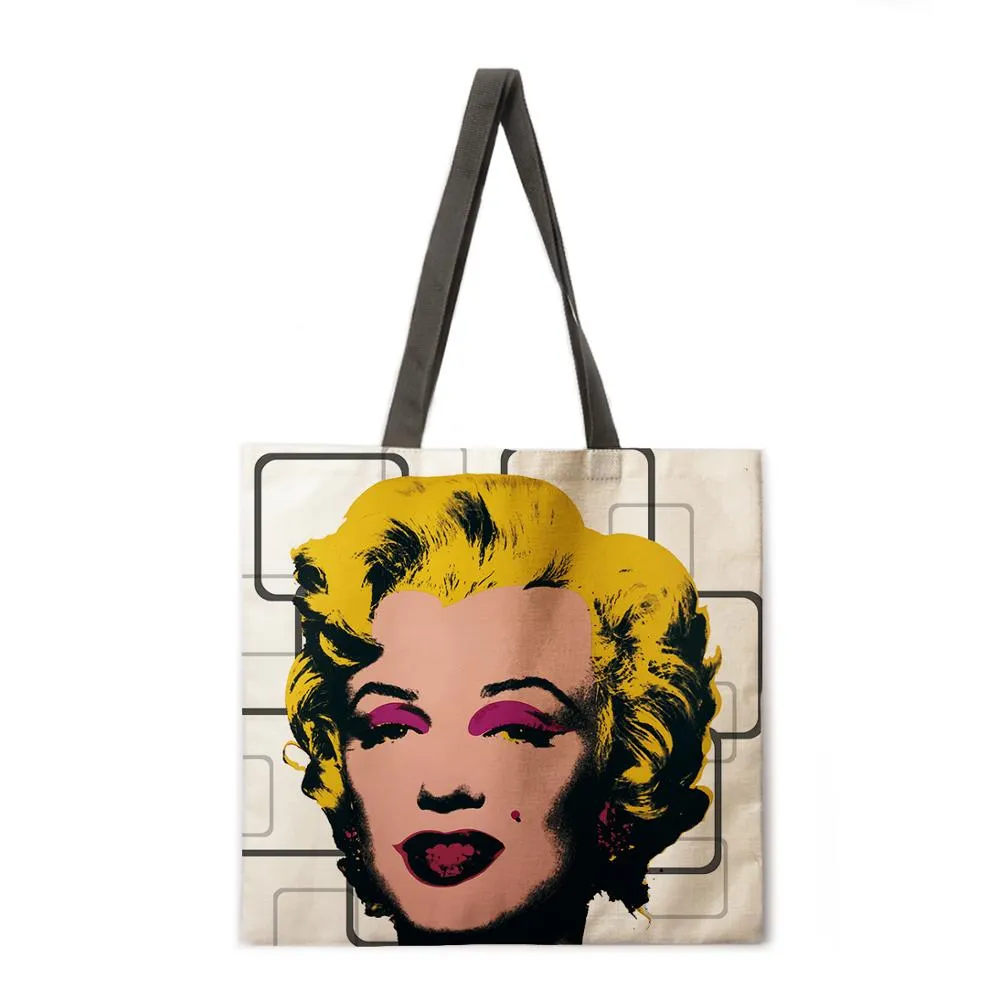 Oil painting Monroe linen shopping bag ladies shoulder bag foldable shopping bag beach tote bag