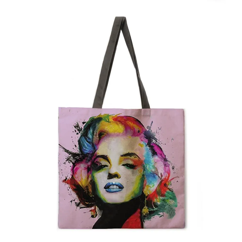 Oil painting Monroe linen shopping bag ladies shoulder bag foldable shopping bag beach tote bag