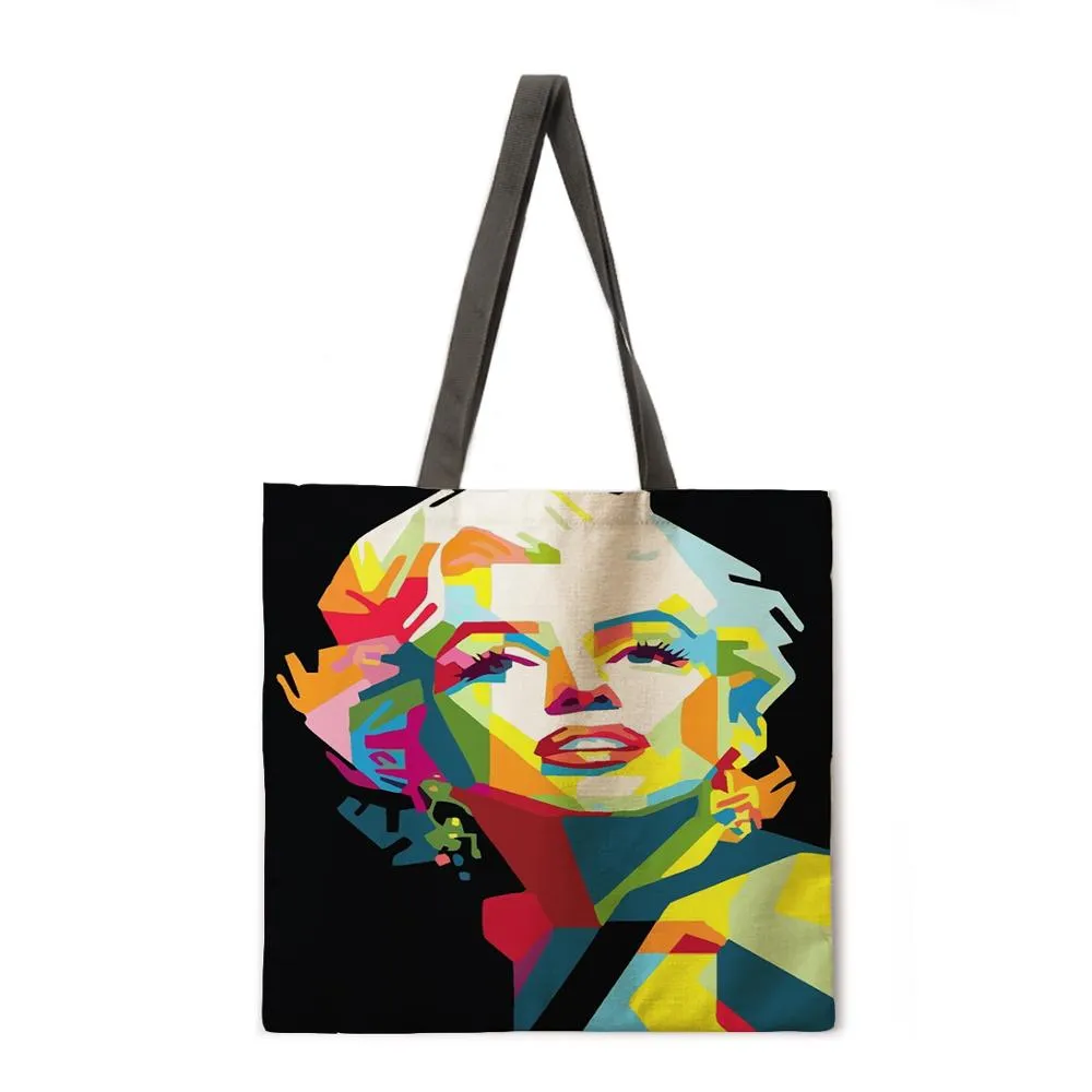 Oil painting Monroe linen shopping bag ladies shoulder bag foldable shopping bag beach tote bag