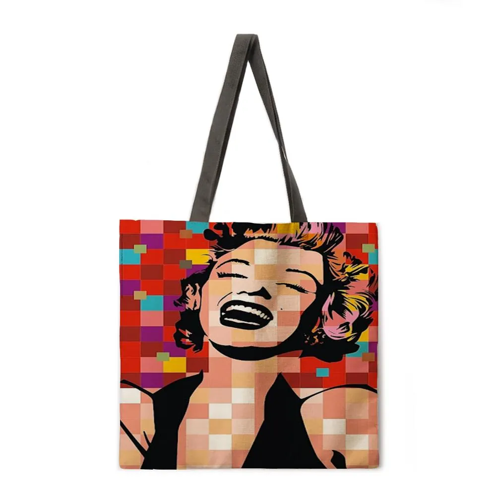 Oil painting Monroe linen shopping bag ladies shoulder bag foldable shopping bag beach tote bag