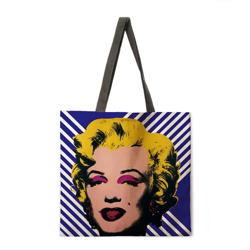 Oil painting Monroe linen shopping bag ladies shoulder bag foldable shopping bag beach tote bag