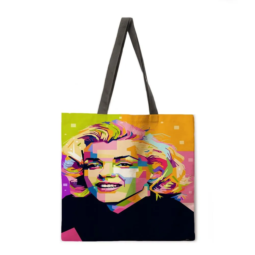 Oil painting Monroe linen shopping bag ladies shoulder bag foldable shopping bag beach tote bag