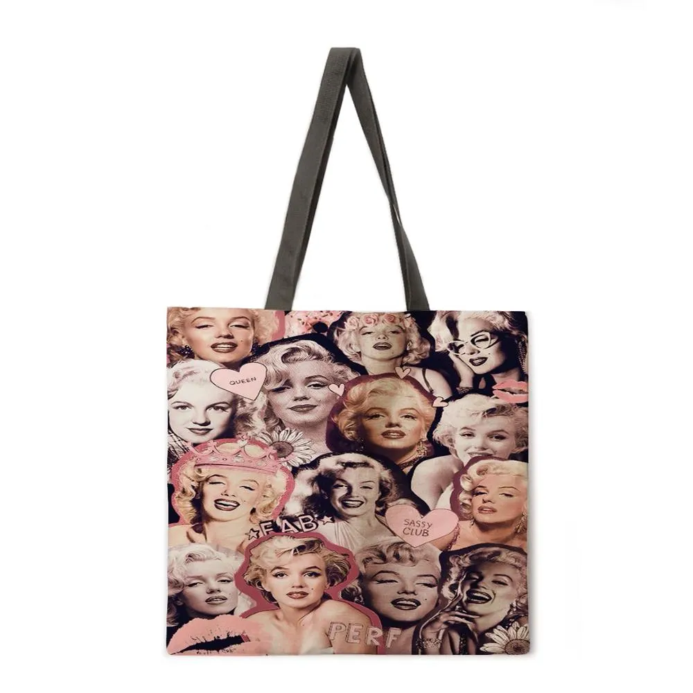 Oil painting Monroe linen shopping bag ladies shoulder bag foldable shopping bag beach tote bag