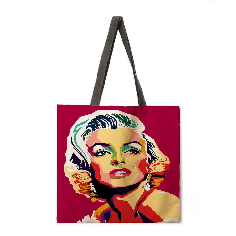 Oil painting Monroe linen shopping bag ladies shoulder bag foldable shopping bag beach tote bag