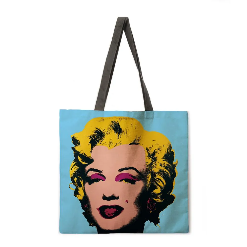 Oil painting Monroe linen shopping bag ladies shoulder bag foldable shopping bag beach tote bag
