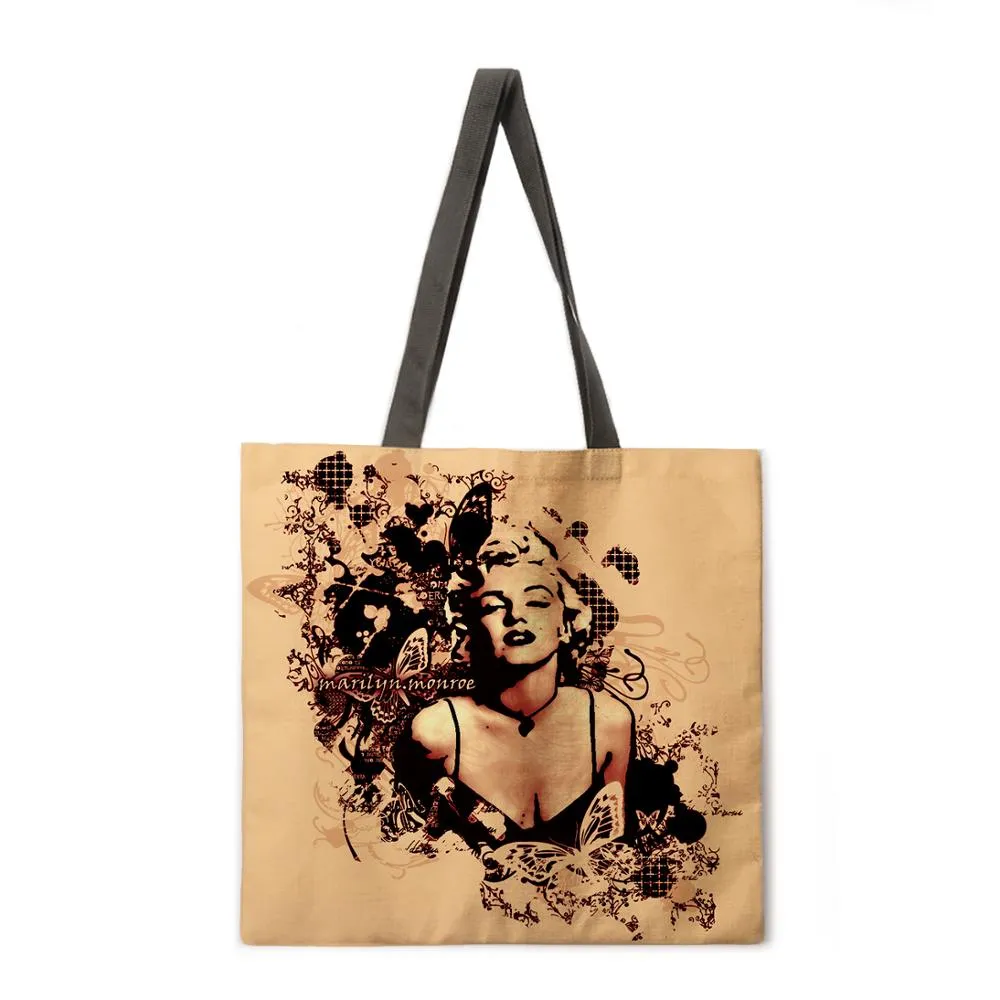 Oil painting Monroe linen shopping bag ladies shoulder bag foldable shopping bag beach tote bag