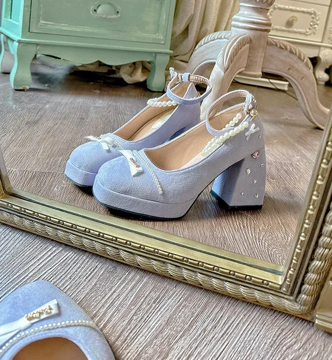 Pinky Classic Elegant Chic Bow Pearl Blue Purple Mary Jane Shoes