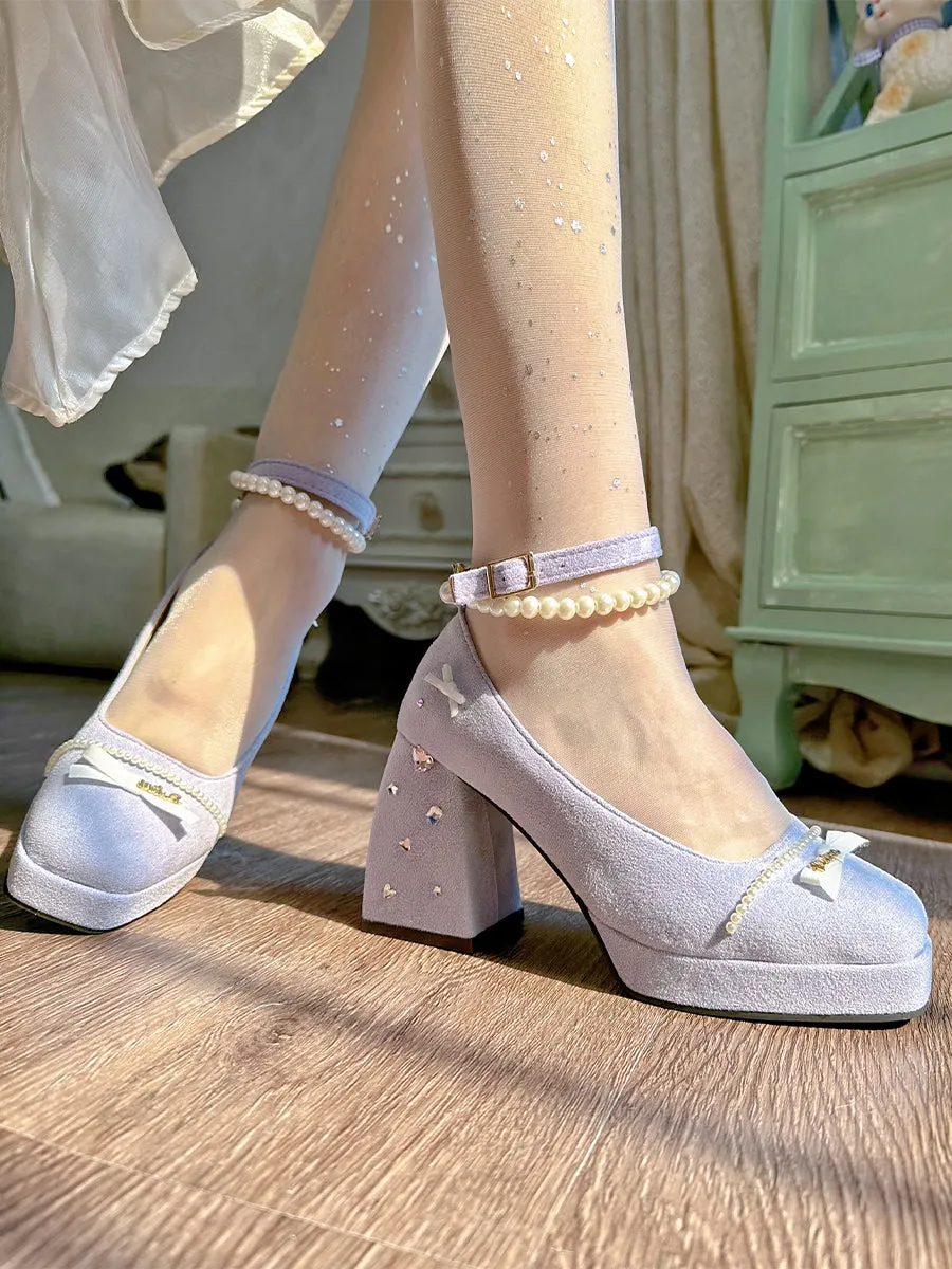Pinky Classic Elegant Chic Bow Pearl Blue Purple Mary Jane Shoes