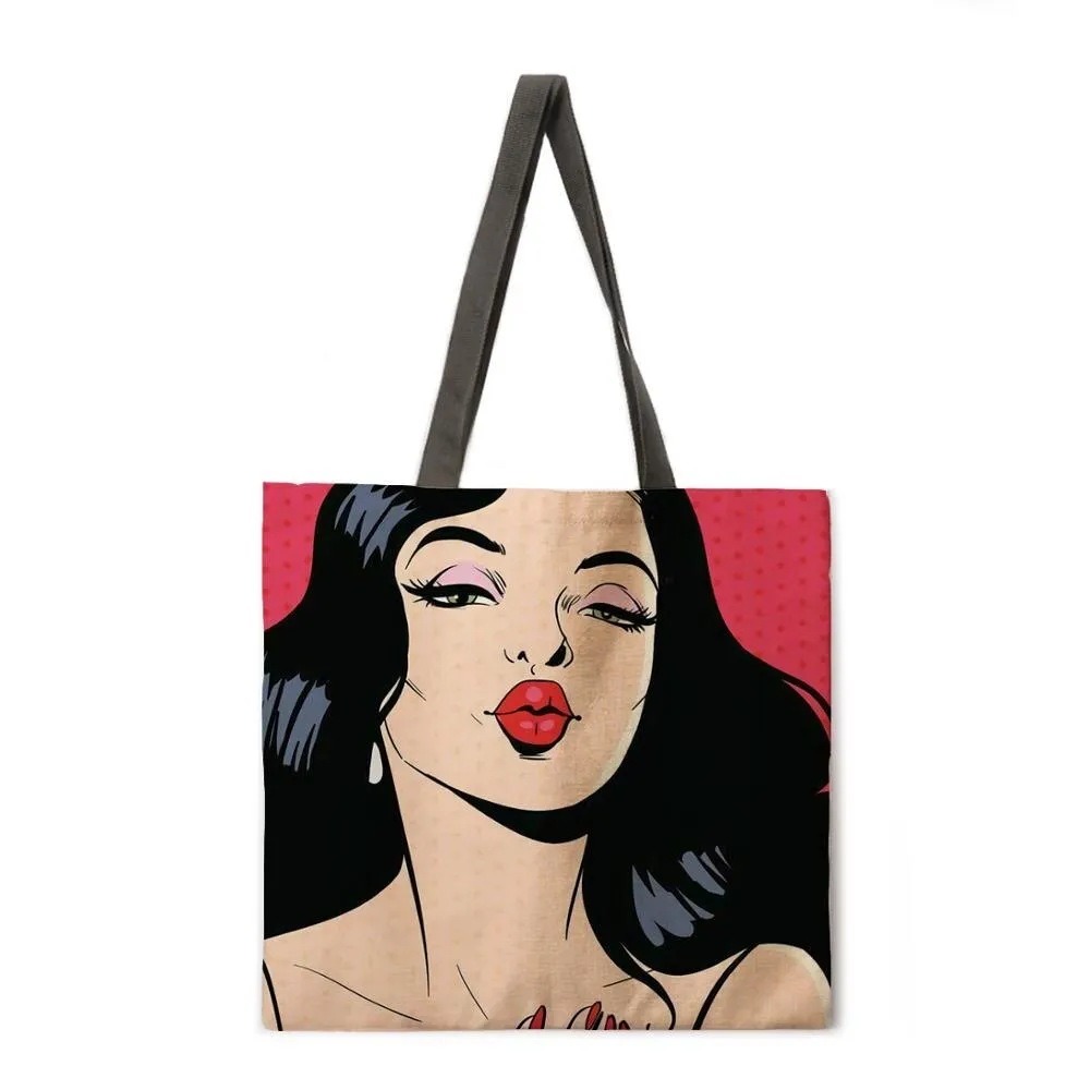 Pop pop element linen shopping bag ladies shoulder bag foldable shopping bag beach tote bag
