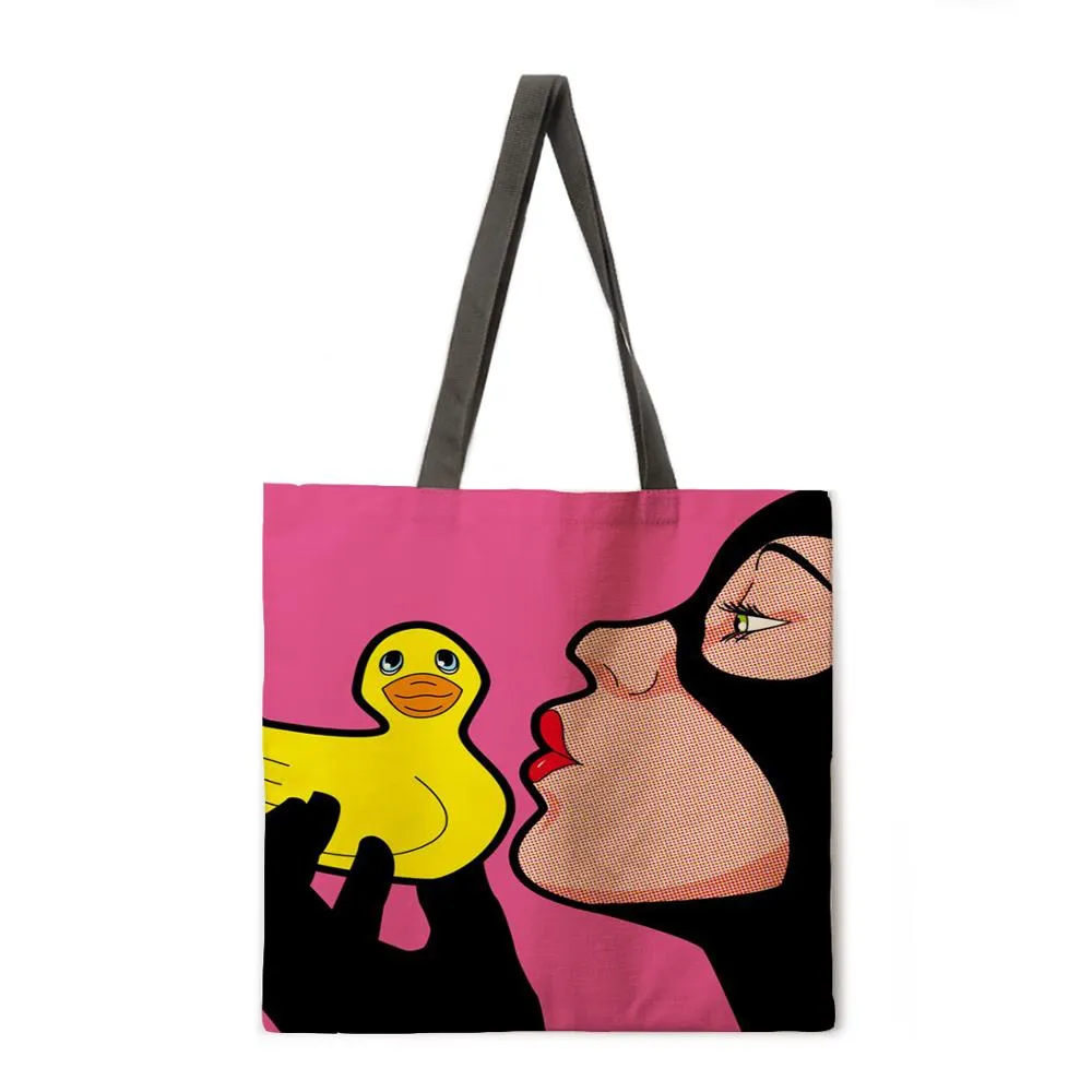 Pop pop element linen shopping bag ladies shoulder bag foldable shopping bag beach tote bag