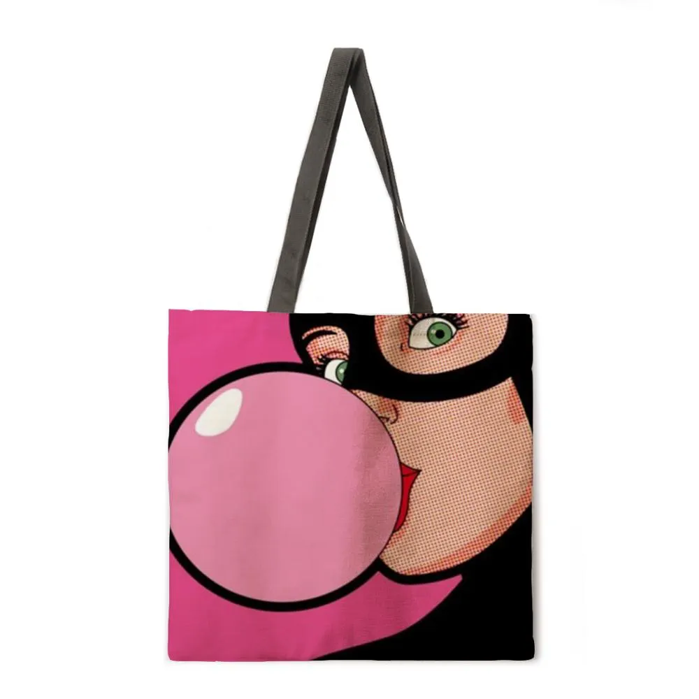 Pop pop element linen shopping bag ladies shoulder bag foldable shopping bag beach tote bag