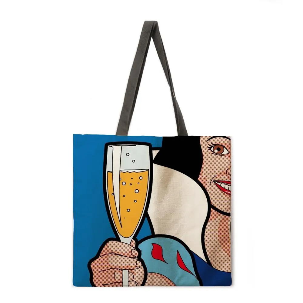 Pop pop element linen shopping bag ladies shoulder bag foldable shopping bag beach tote bag