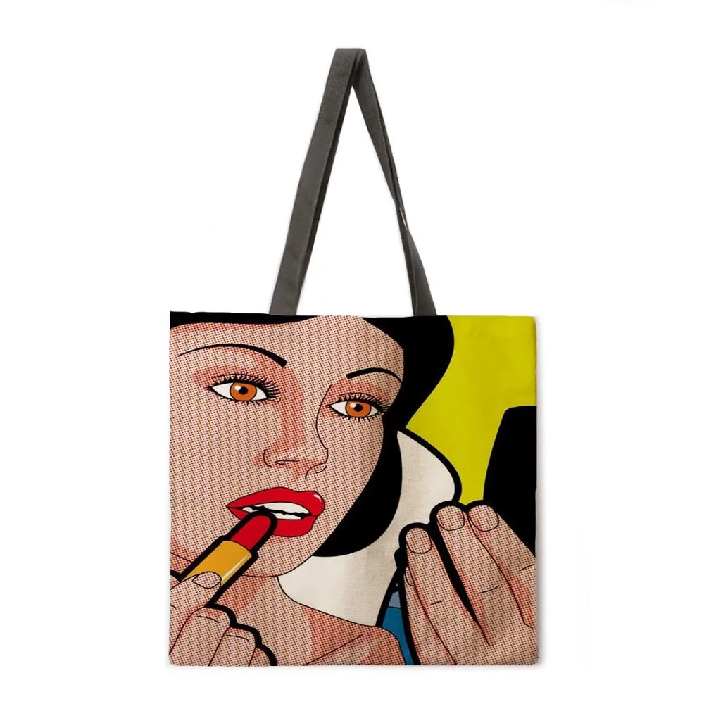 Pop pop element linen shopping bag ladies shoulder bag foldable shopping bag beach tote bag