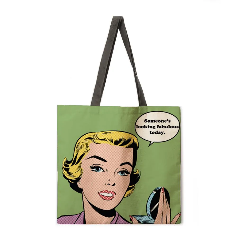 Pop pop element linen shopping bag ladies shoulder bag foldable shopping bag beach tote bag