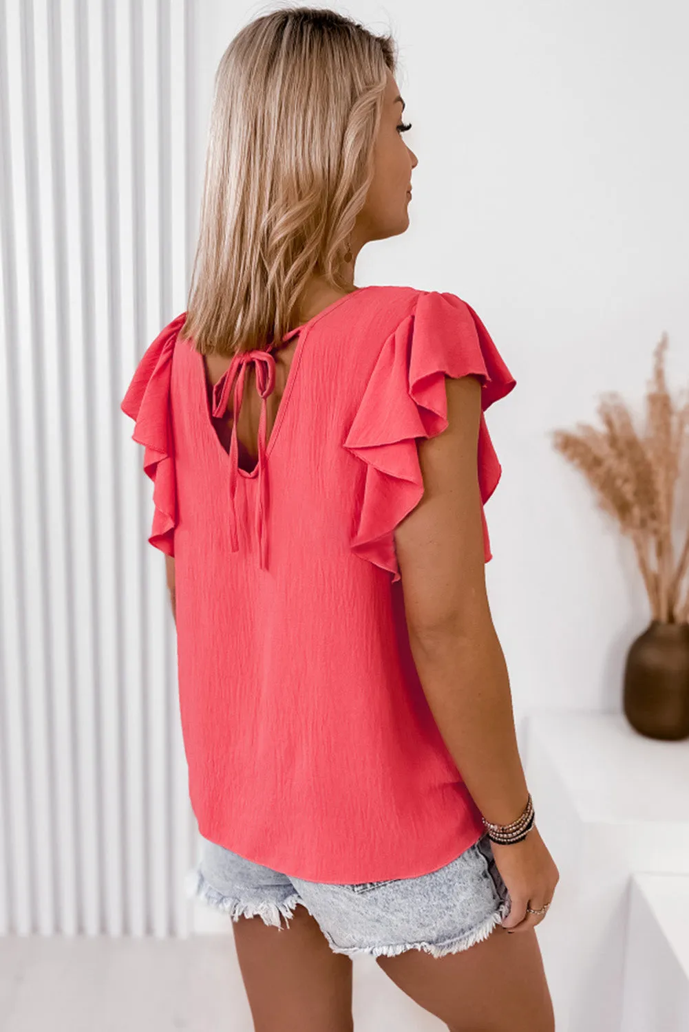 Red Solid V Neck Ruffle Sleeve Loose Top