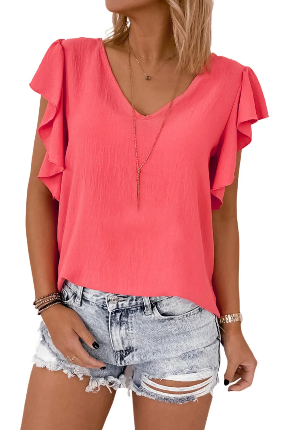 Red Solid V Neck Ruffle Sleeve Loose Top