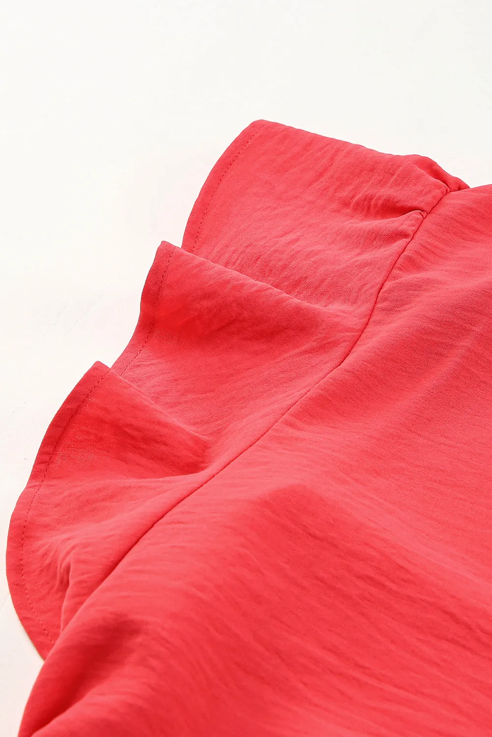 Red Solid V Neck Ruffle Sleeve Loose Top