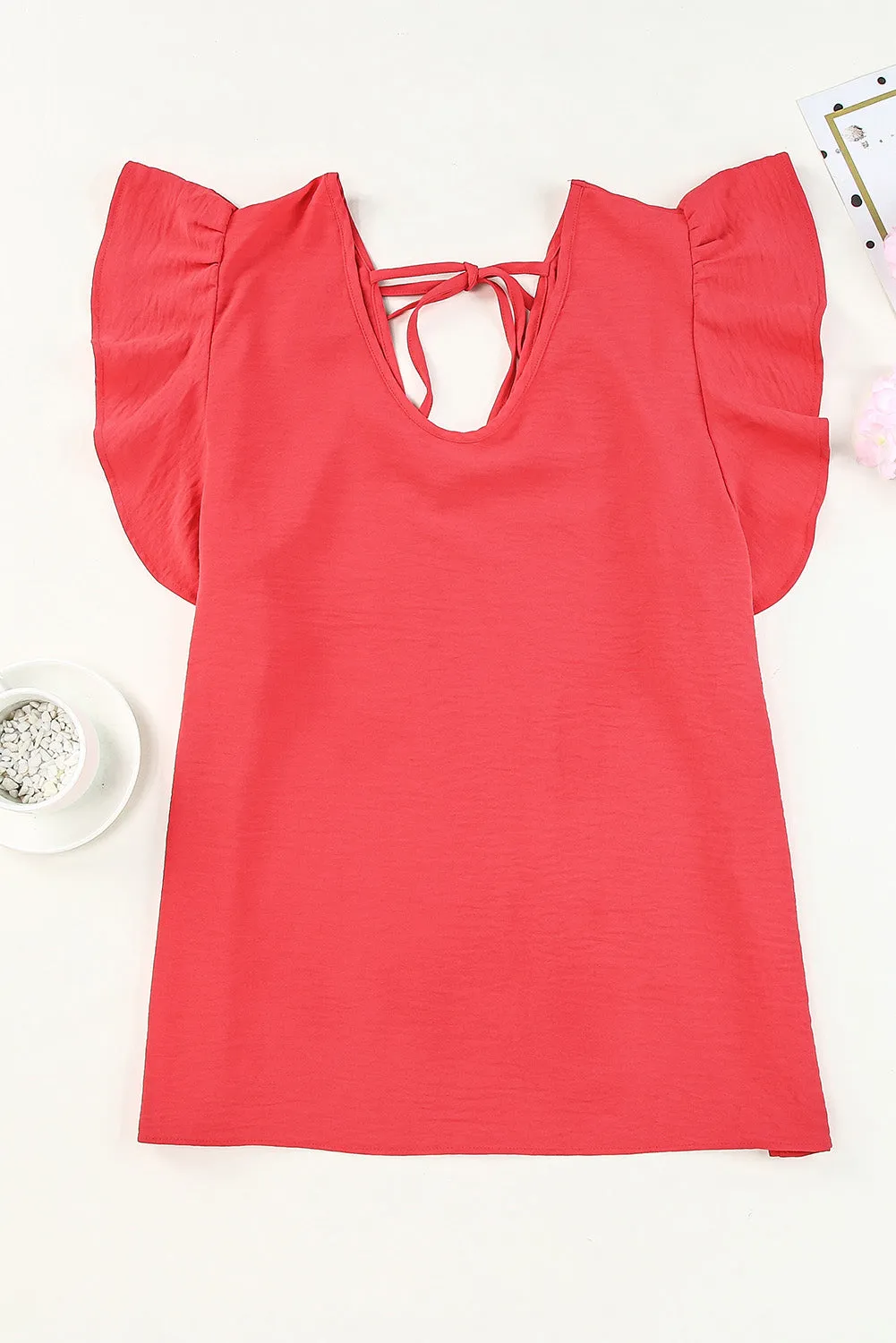 Red Solid V Neck Ruffle Sleeve Loose Top