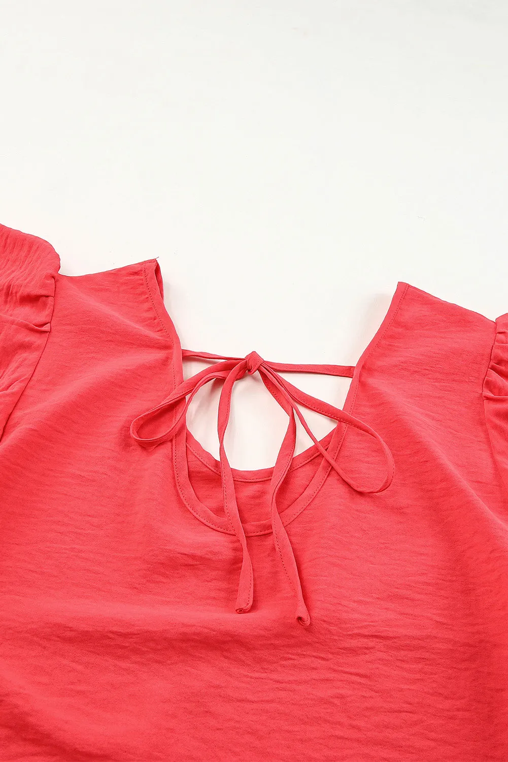 Red Solid V Neck Ruffle Sleeve Loose Top