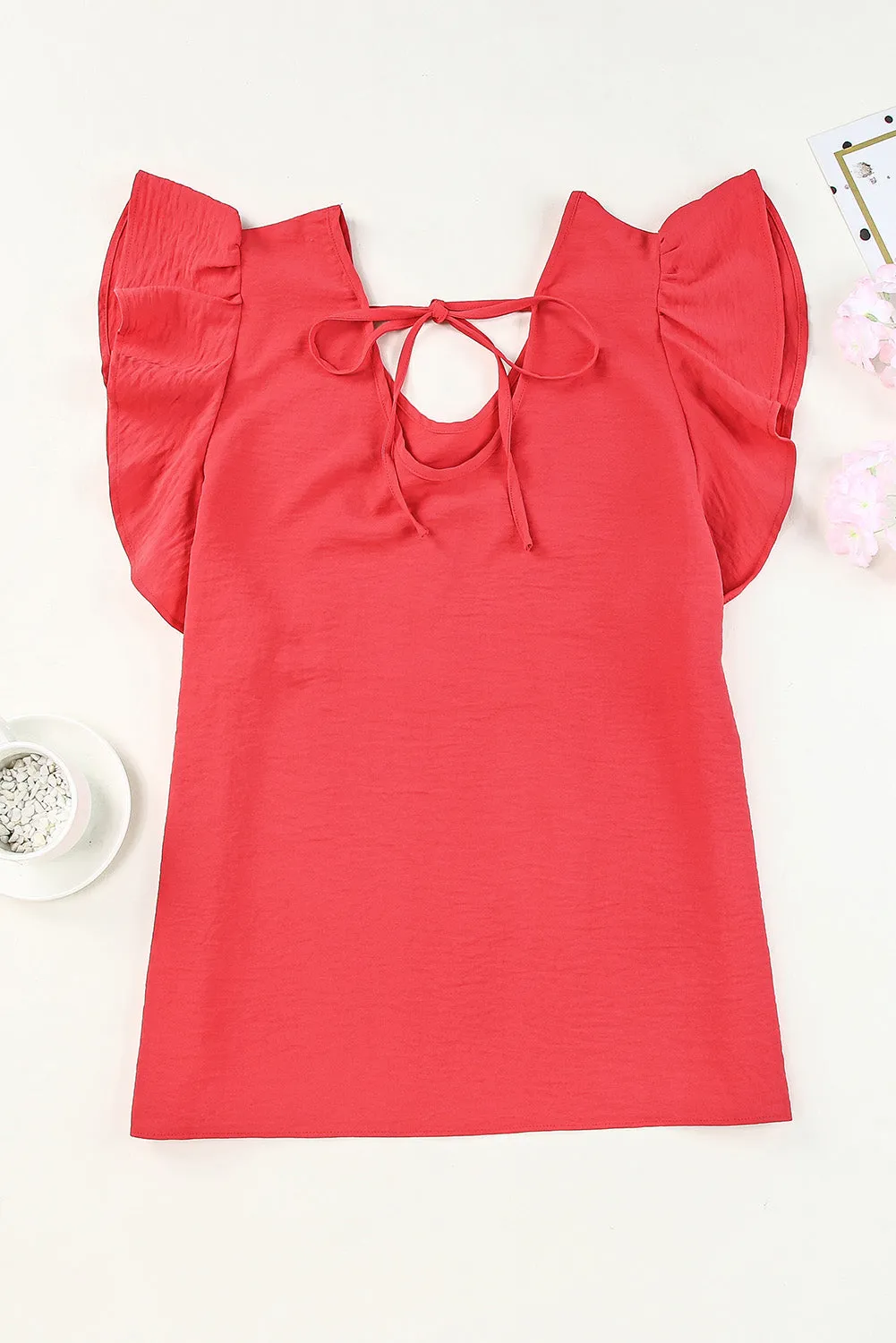 Red Solid V Neck Ruffle Sleeve Loose Top