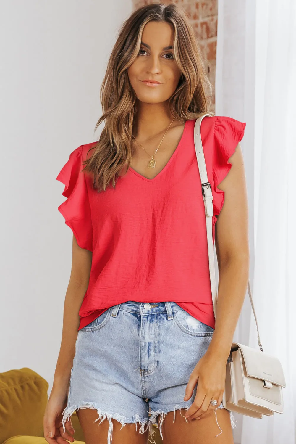 Red Solid V Neck Ruffle Sleeve Loose Top