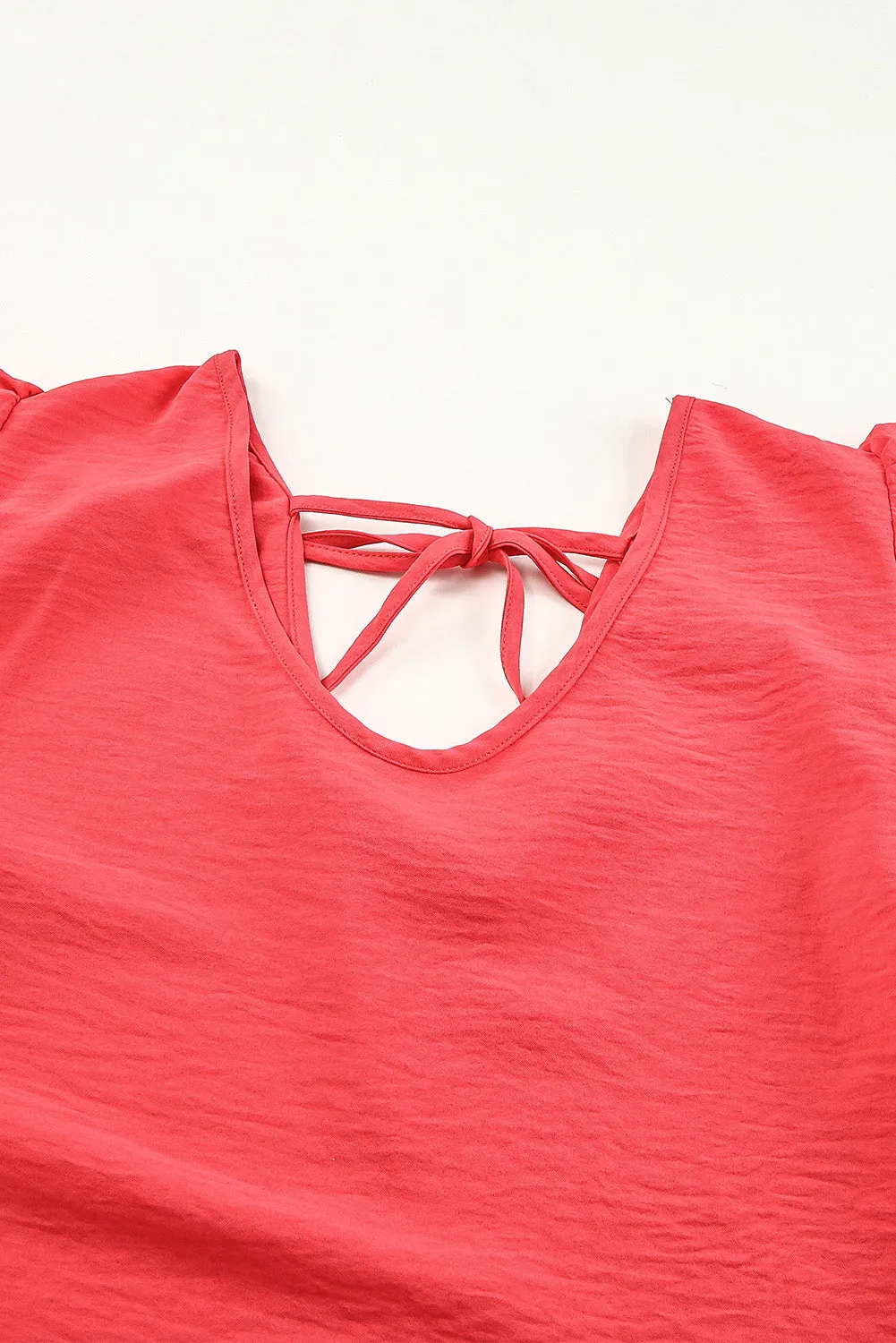 Red Solid V Neck Ruffle Sleeve Loose Top