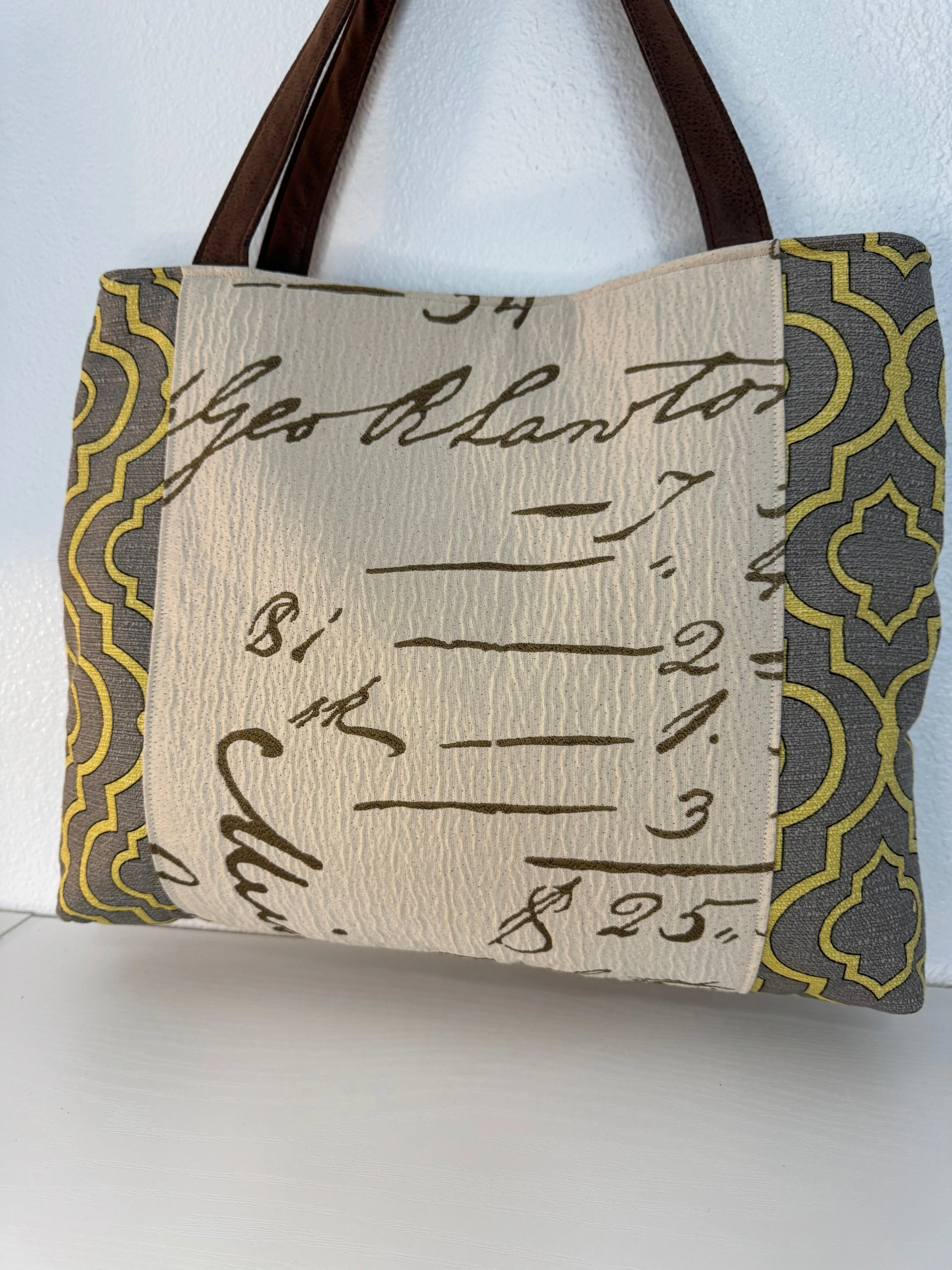 Script Pattern Tote Bag in Gray and Gold