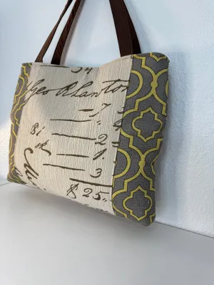 Script Pattern Tote Bag in Gray and Gold