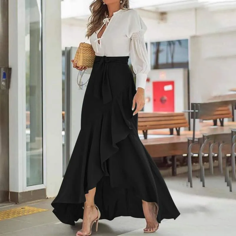 Selma: Elegant Ruffled Trumpet Maxi Skirt with Wrap Belt (Plus Sizes)