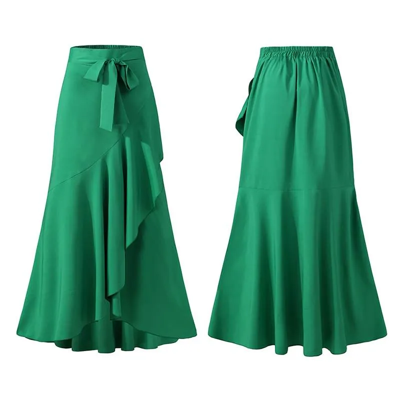 Selma: Elegant Ruffled Trumpet Maxi Skirt with Wrap Belt (Plus Sizes)