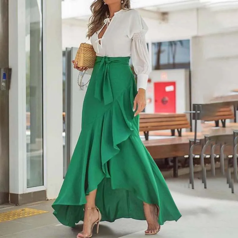 Selma: Elegant Ruffled Trumpet Maxi Skirt with Wrap Belt (Plus Sizes)