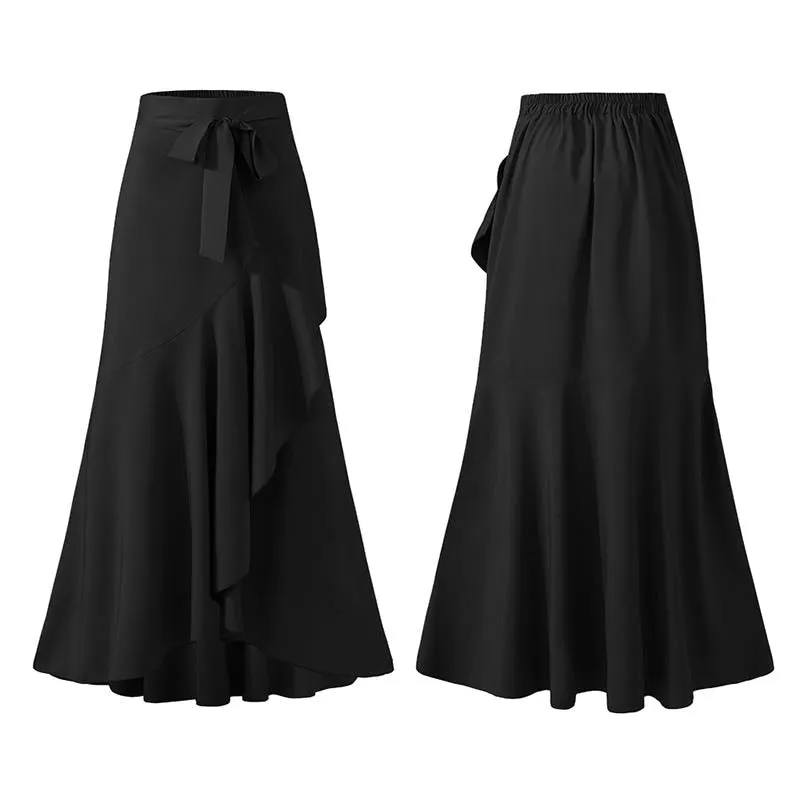 Selma: Elegant Ruffled Trumpet Maxi Skirt with Wrap Belt (Plus Sizes)