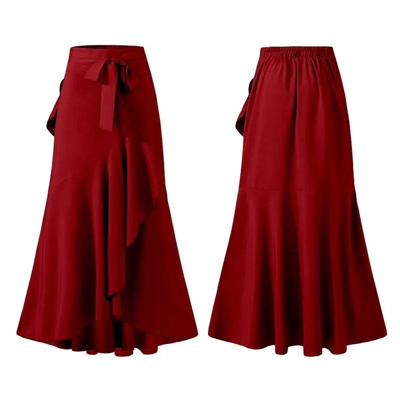 Selma: Elegant Ruffled Trumpet Maxi Skirt with Wrap Belt (Plus Sizes)
