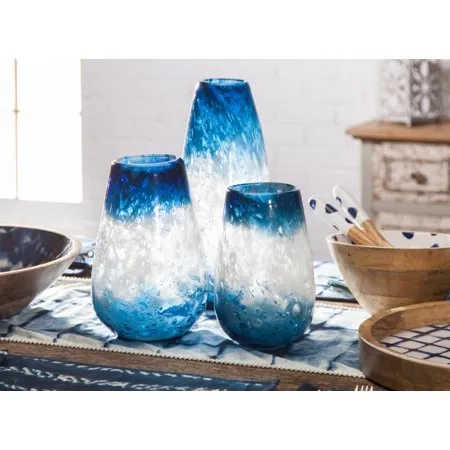 Set of 3 Indigo Blue and White Indoor Artisanal Glass