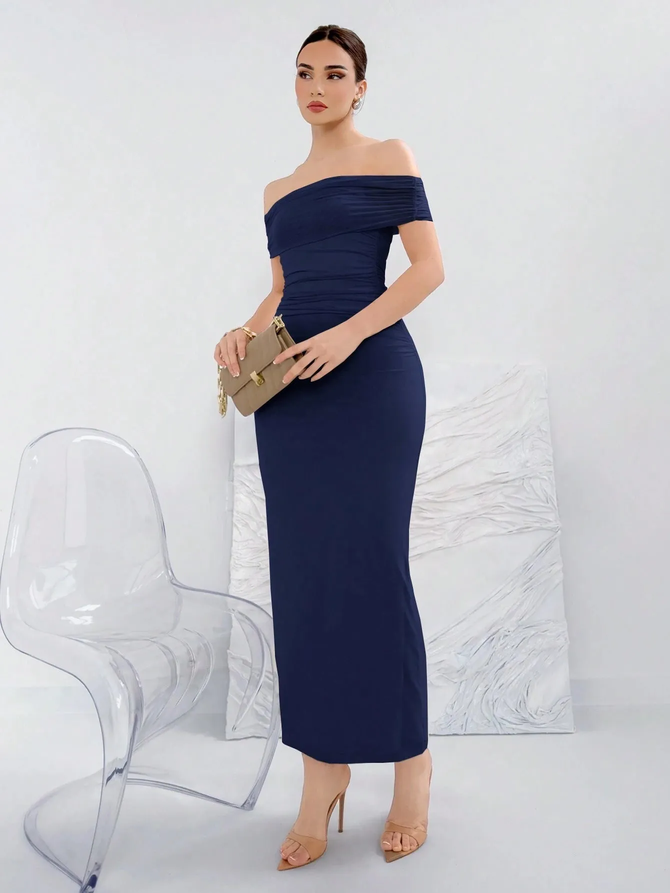SHEIN Aloruh Solid Color Off-Shoulder Knitted Elegant Summer Dress