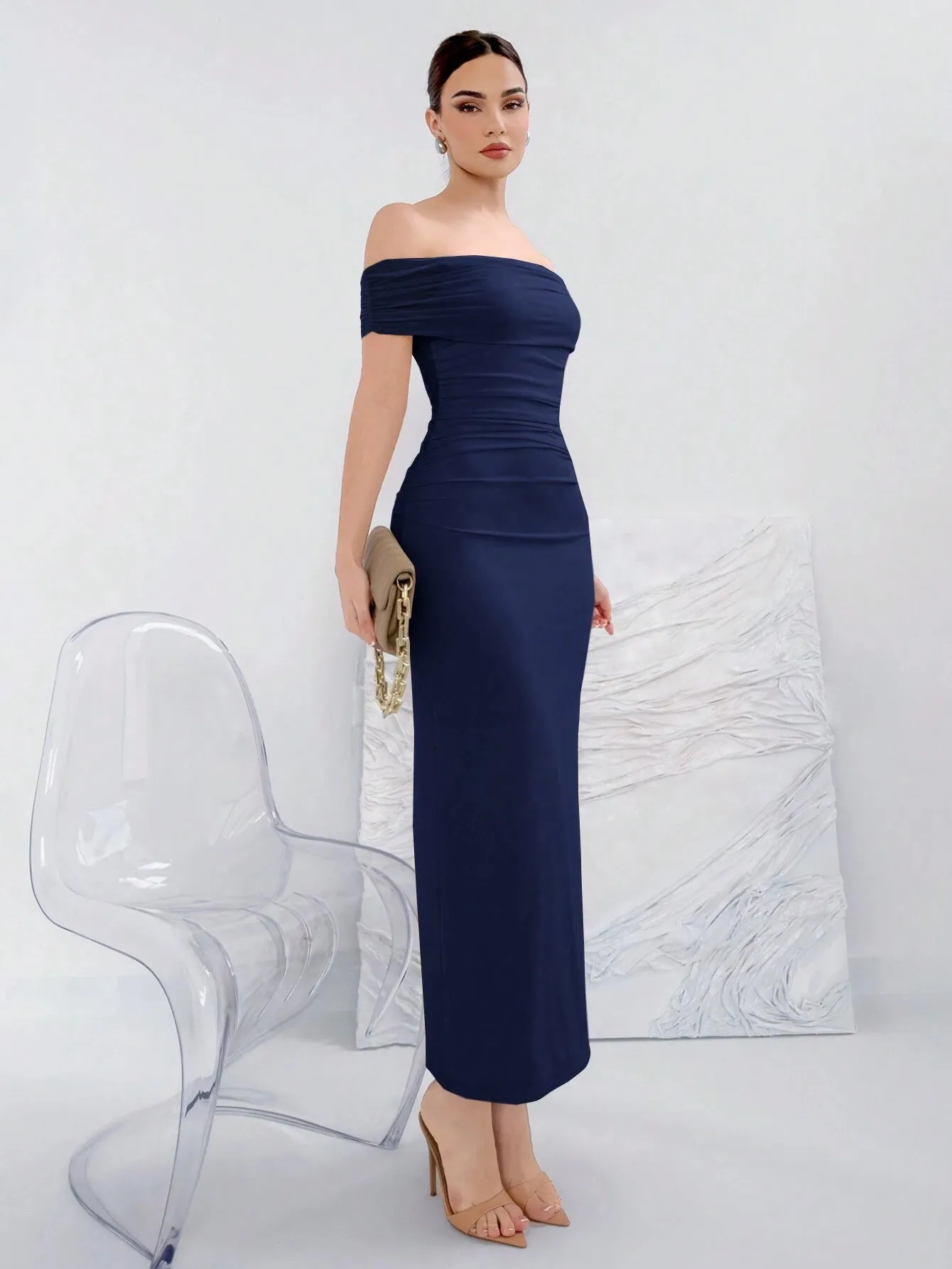 SHEIN Aloruh Solid Color Off-Shoulder Knitted Elegant Summer Dress