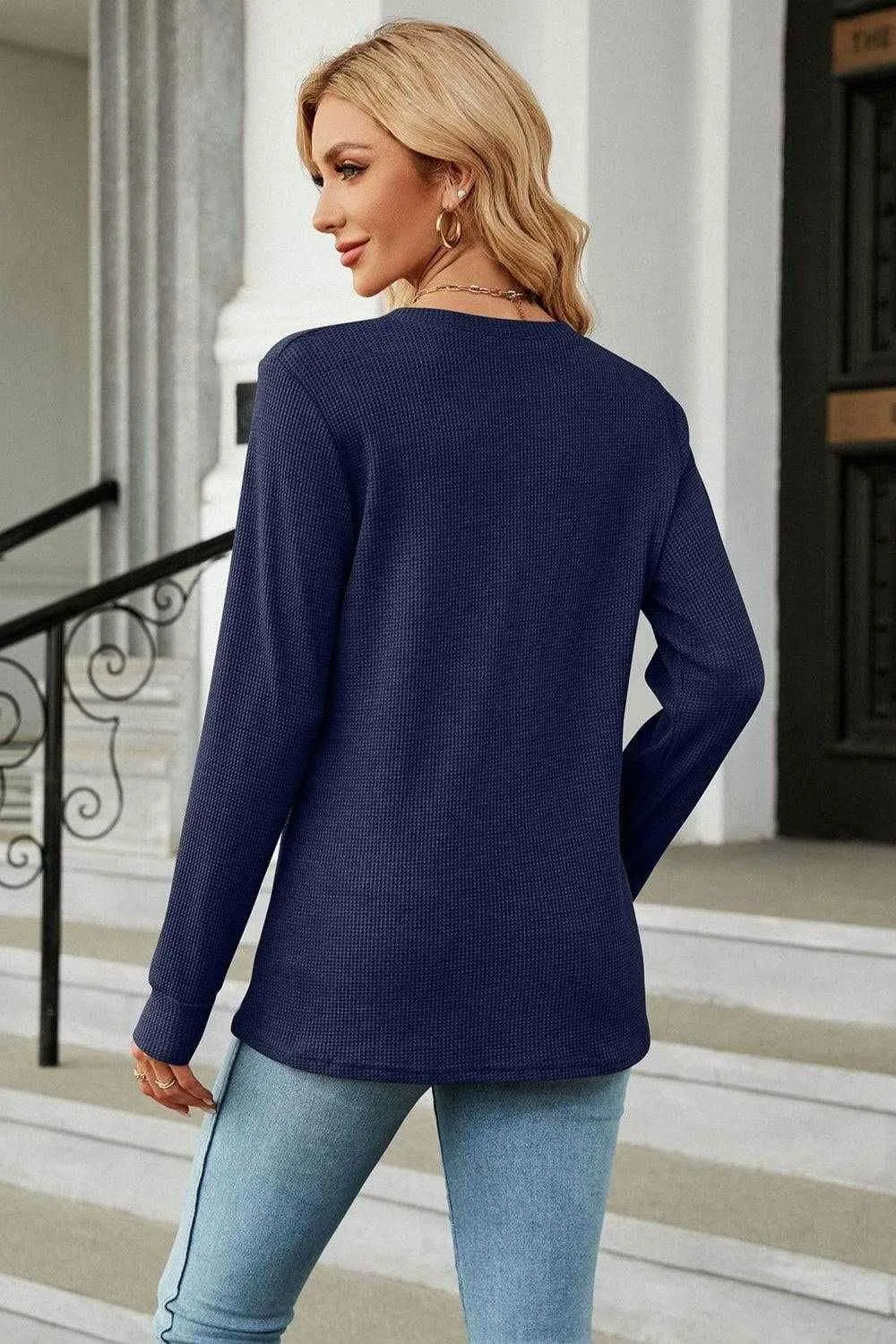 V-Neck Long Sleeve Blouse - Chic Buttoned Long Sleeve Top