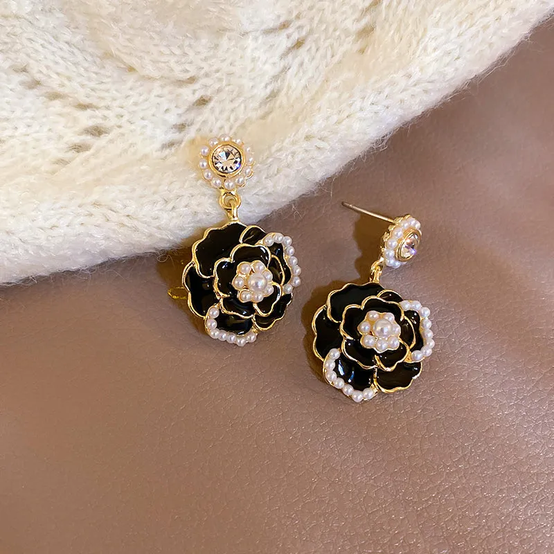 White Black Rose Camellia Flower Earrings
