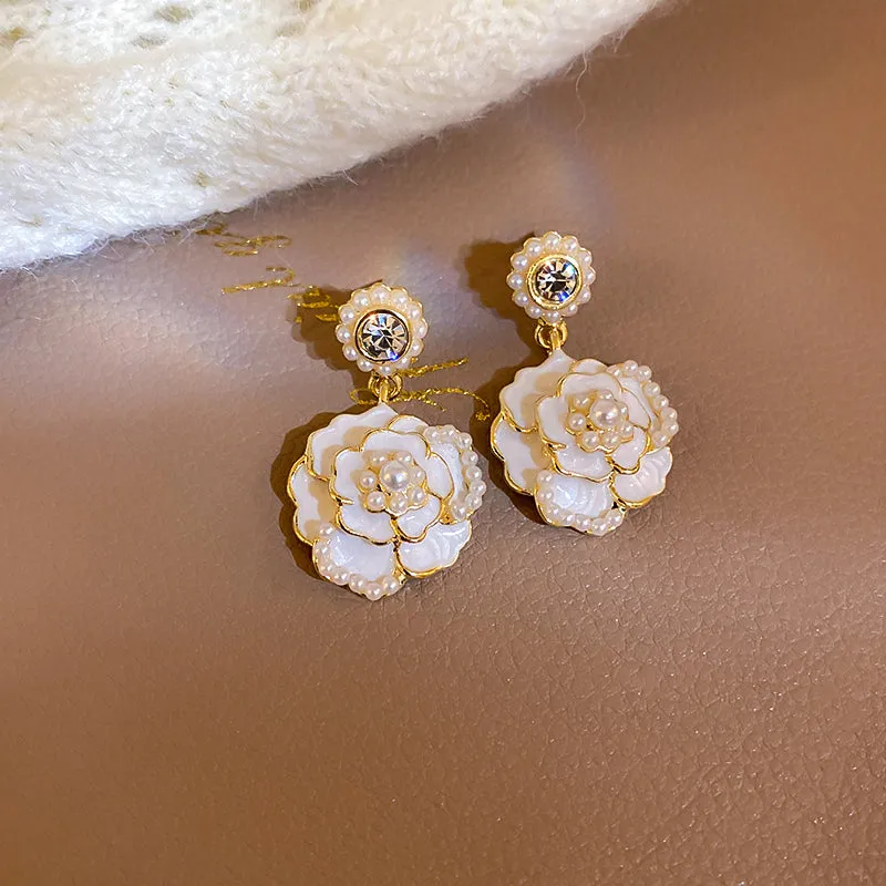 White Black Rose Camellia Flower Earrings