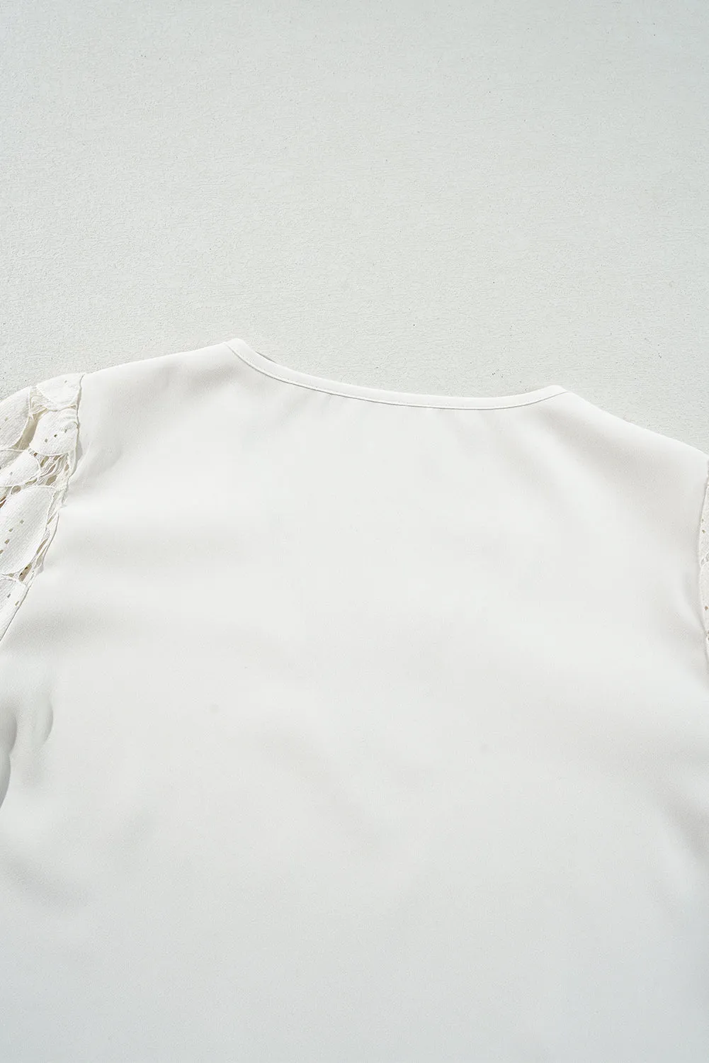White Scalloped V Neckline Lace Hollowed Lantern Sleeve Blouse