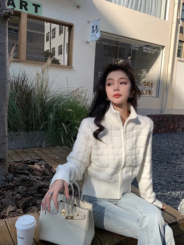 Winter Classy Fluff White Zipper Sweater Jacket