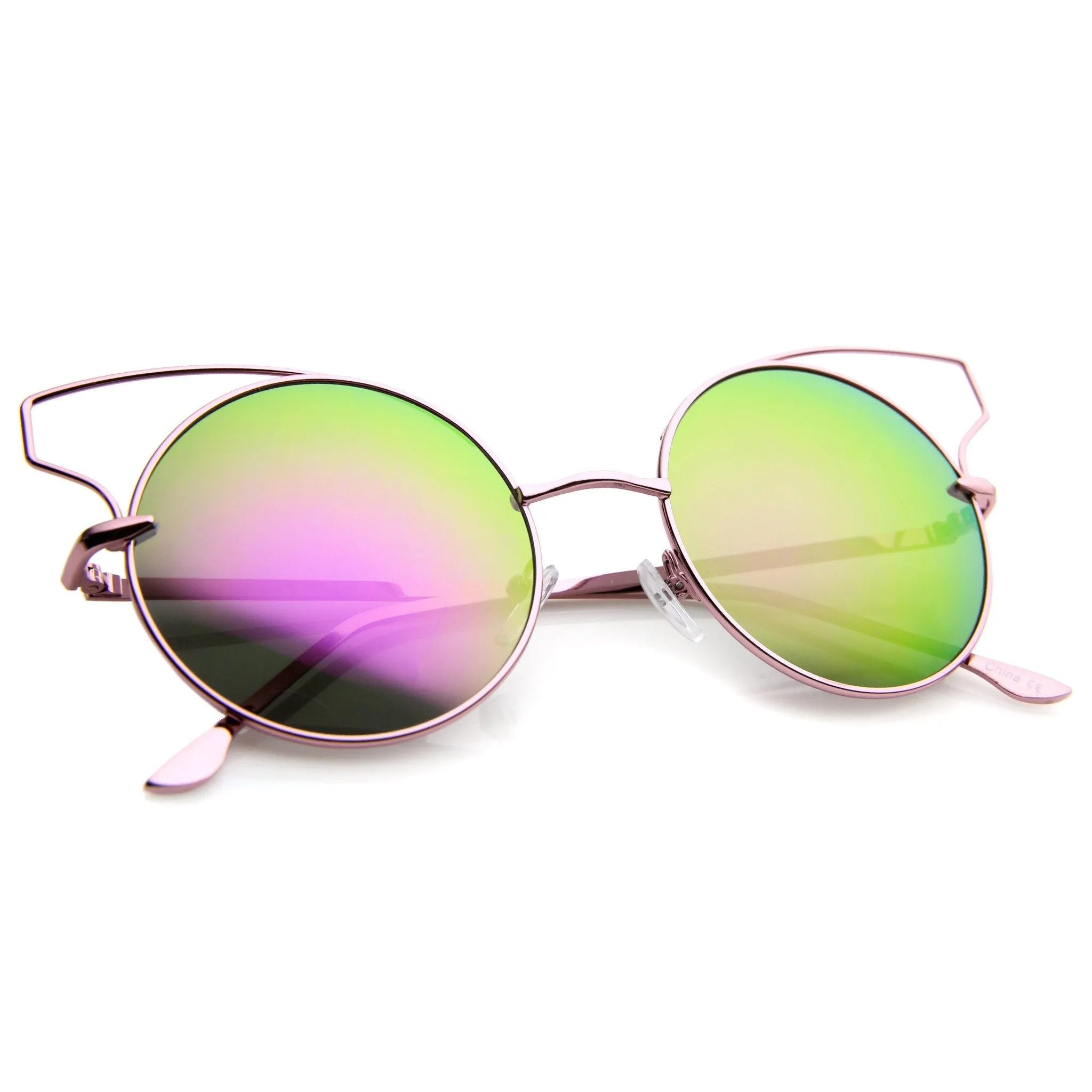 Wire Flare Round Cat Eye Mirrored Lens Sunglasses A341