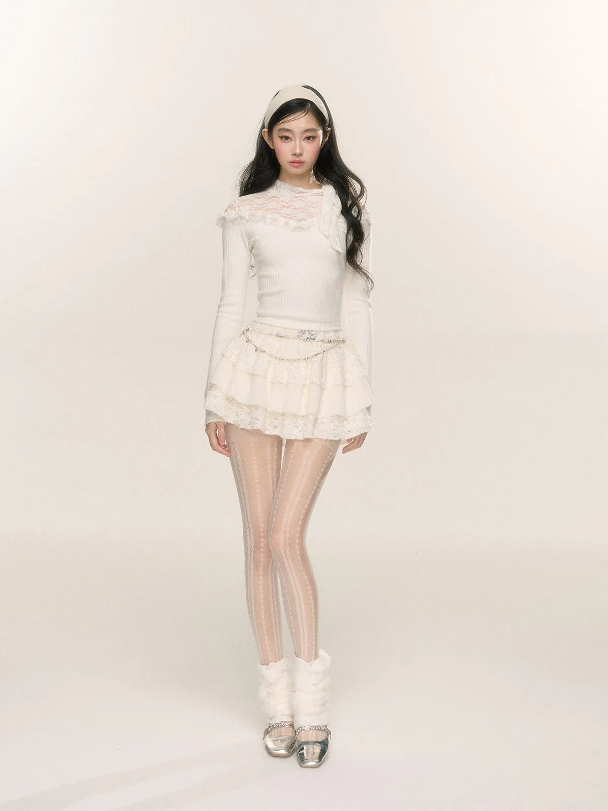 Young Eyes Lace Sniper White Black Knit Top