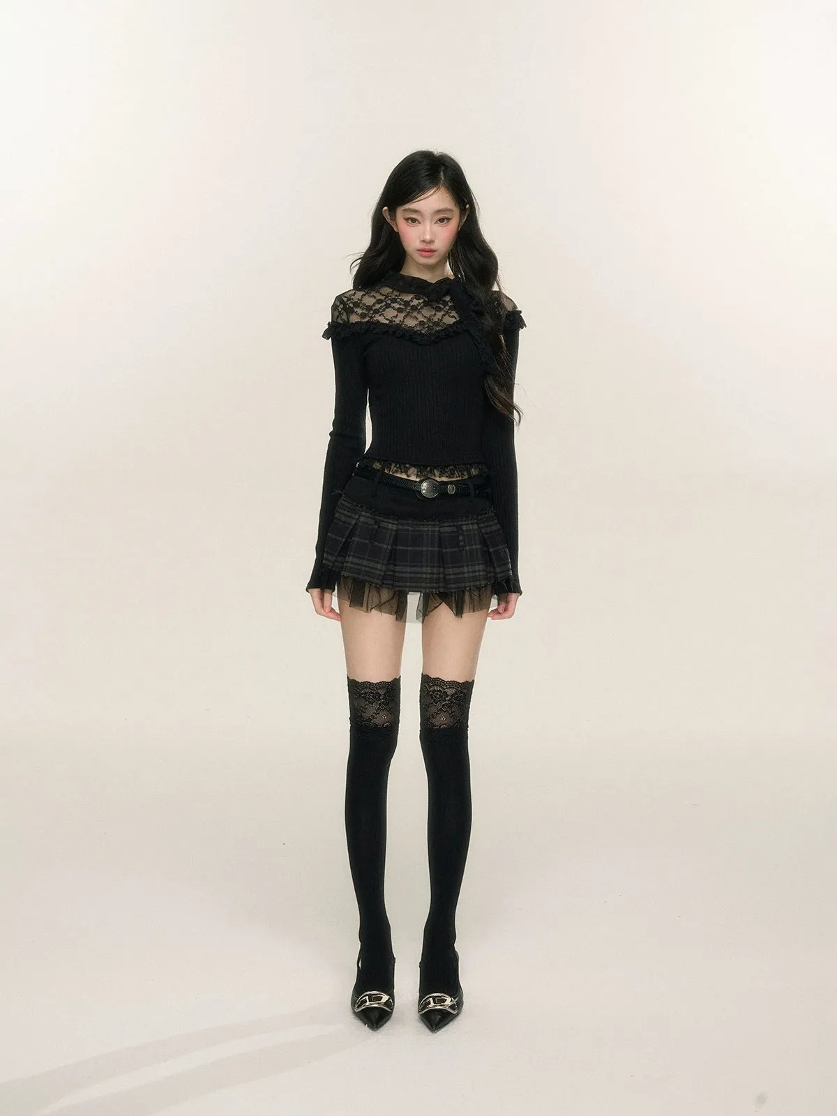 Young Eyes Lace Sniper White Black Knit Top