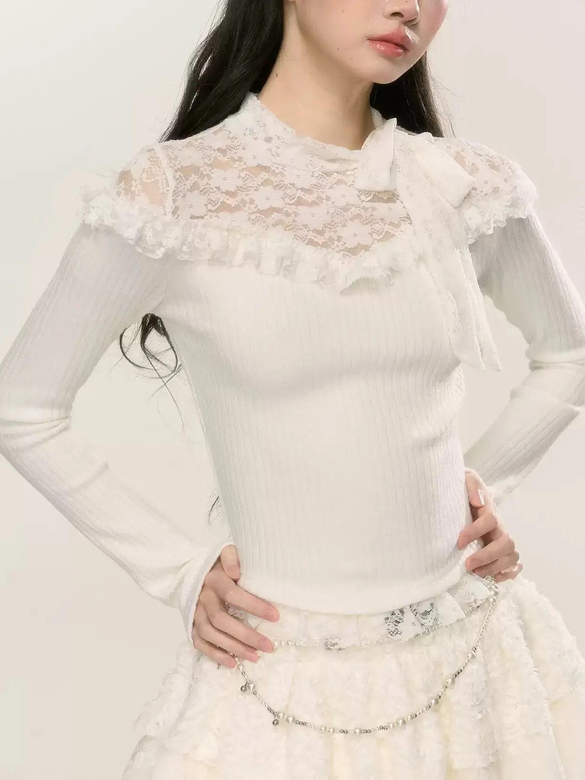 Young Eyes Lace Sniper White Black Knit Top
