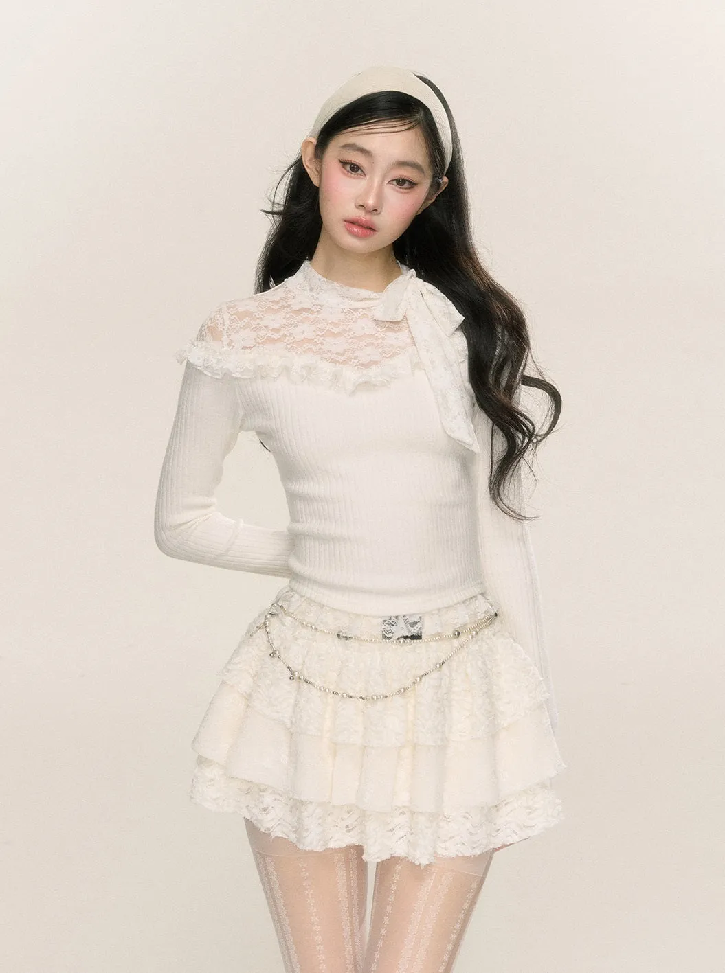 Young Eyes Lace Sniper White Black Knit Top